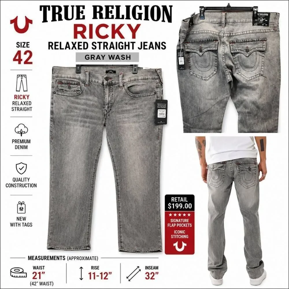 True Religion Ricky Relaxed Straight Jeans Gray Wash T Flap Pocket Size 42